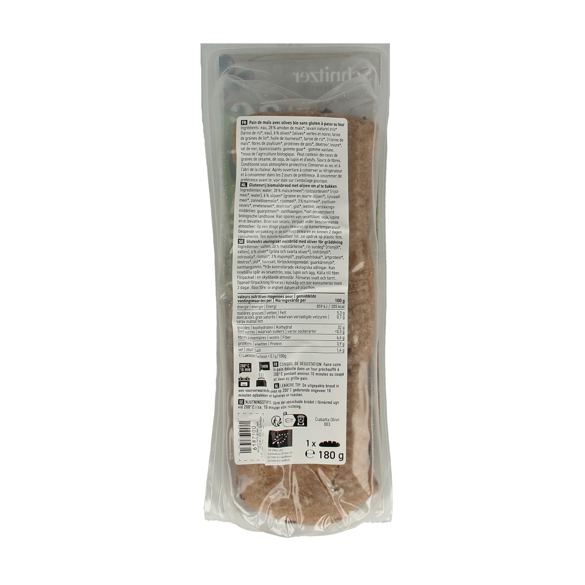 Schnitzer gluten-free olive ciabatta bread with bio ingredients, 180g, showing fresh sliced ciabatta with olives inside.