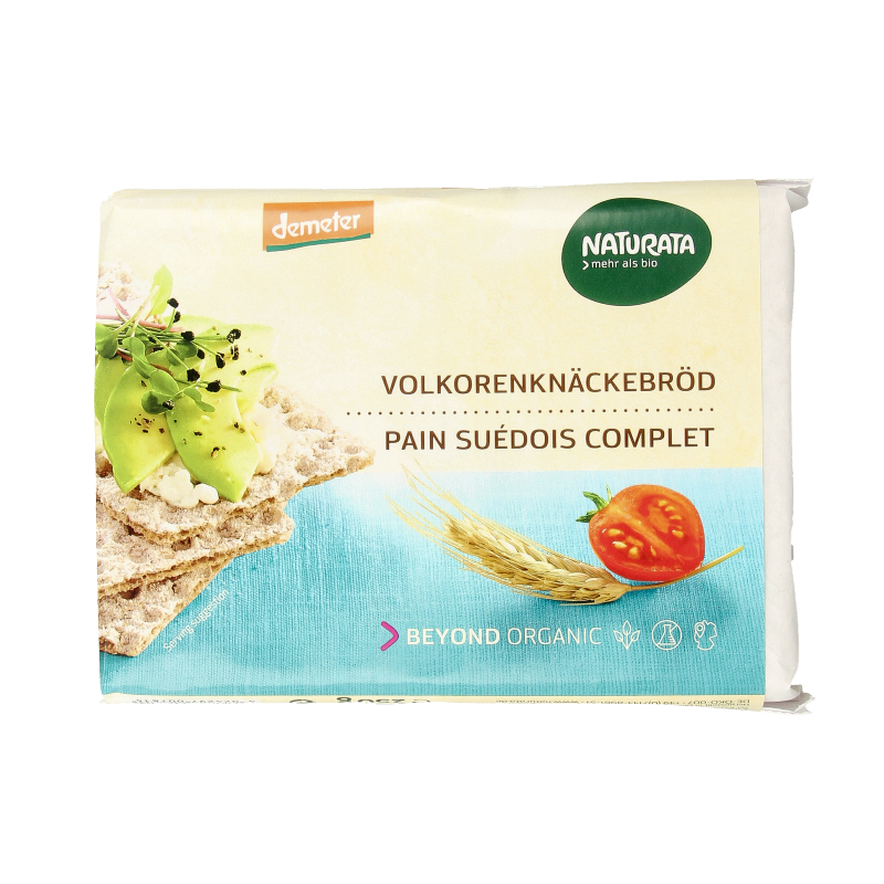 Whole grain rye crispbread by Naturata, Demeter bio, 250g, showing rectangular slices with a crunchy texture and whole grains.