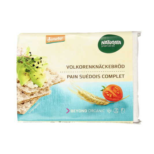 Whole grain rye crispbread by Naturata, Demeter bio, 250g, showing rectangular slices with a crunchy texture and whole grains.