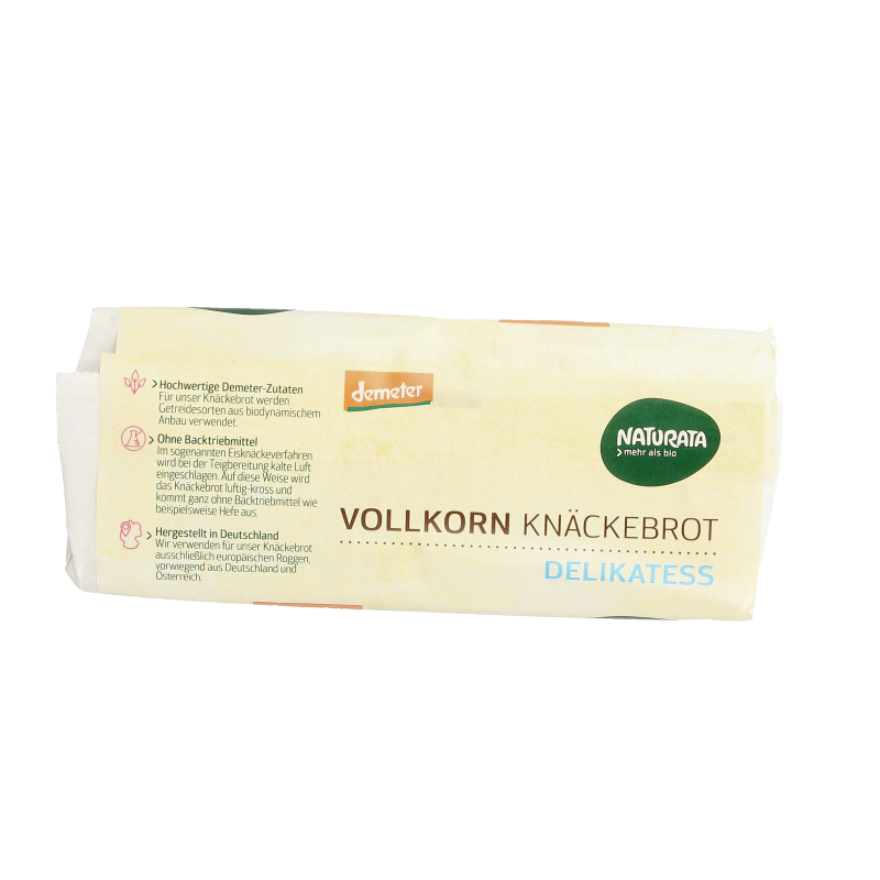 Whole grain rye crispbread by Naturata, Demeter certified, 250g, showcasing the crunchy, rectangular crackers on a wooden surface.