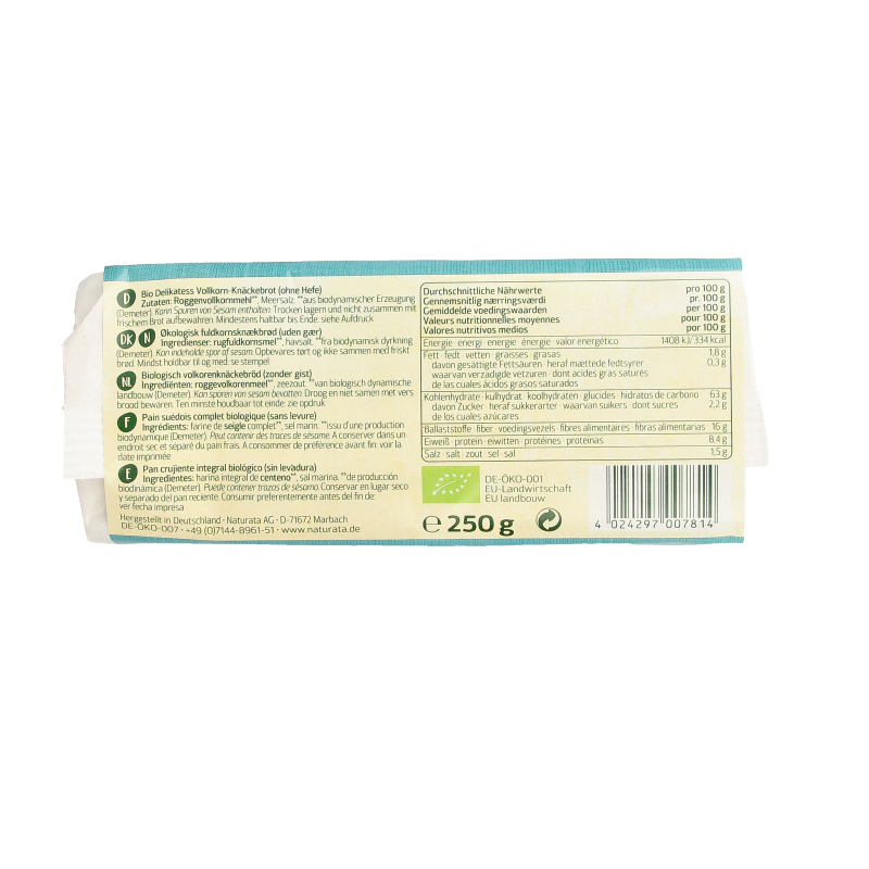 Naturata volkoren roggebrood cracker, Demeter bio, 250g, crispy whole grain rye crackers with natural texture and rustic appearance.