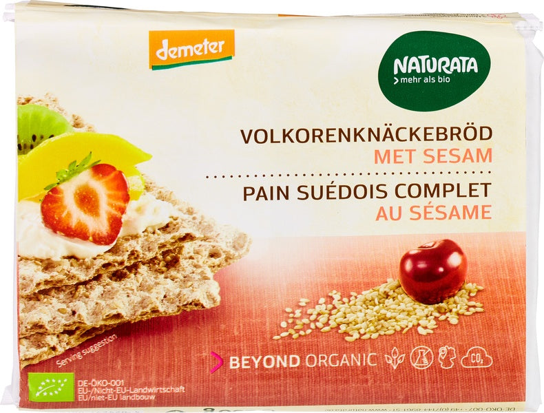 Naturata Sesam Knackebrod Demeter bio cracker, 250g, showing crispy whole grain bread with sesame seeds on top.