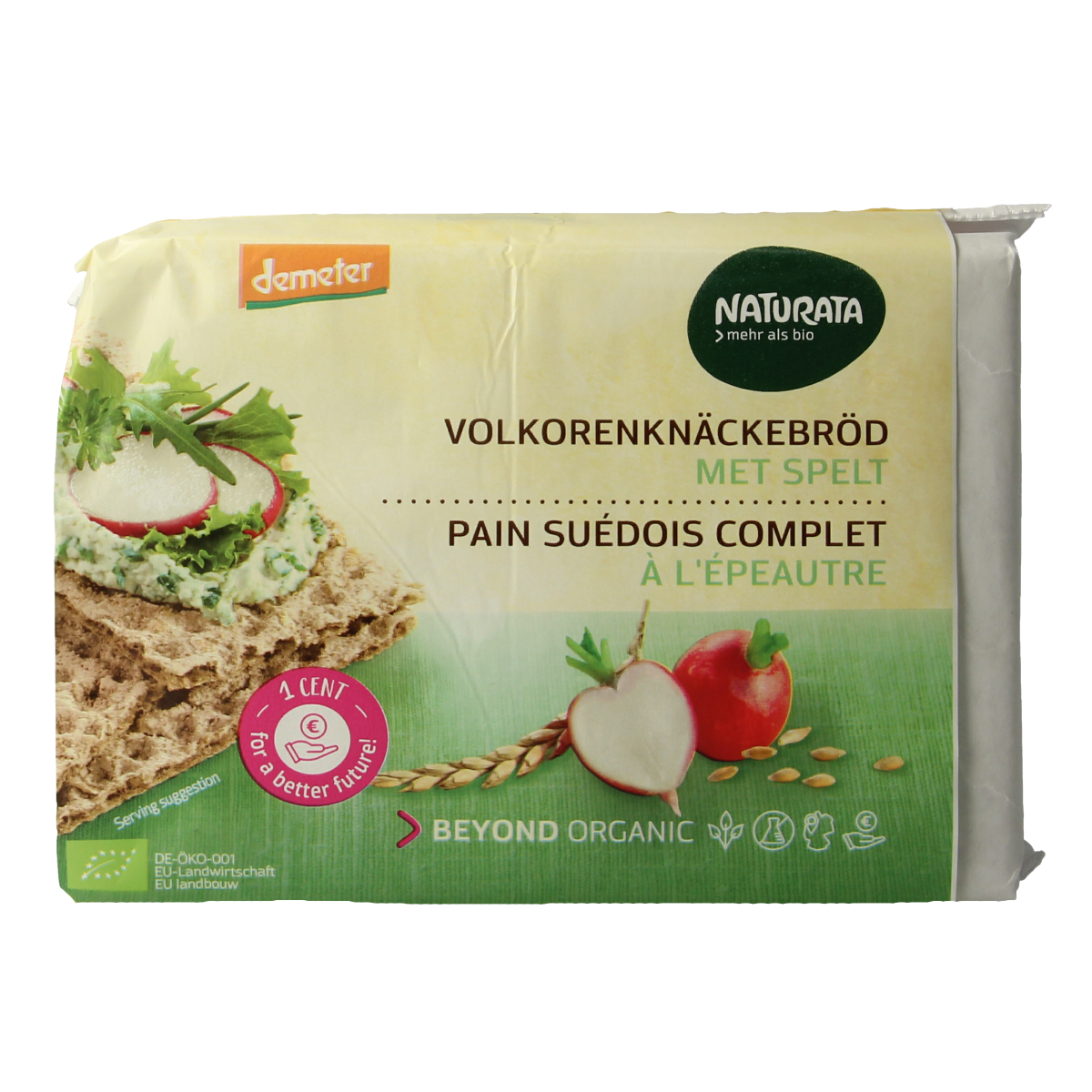 Naturata spelt knackebrod crackers, Demeter bio, 250g, crispy whole grain bread with a rustic appearance and golden-brown color.