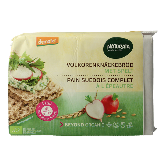 Naturata spelt knackebrod crackers, Demeter bio, 250g, crispy whole grain bread with a rustic appearance and golden-brown color.