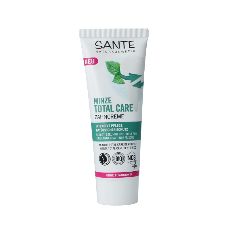 Sante Mint Total Care toothpaste in 75ml tube, featuring fresh mint flavor and whitening benefits.