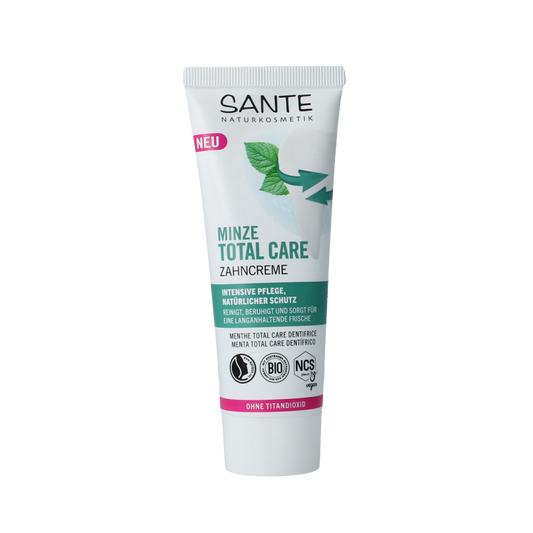 Sante Mint Total Care toothpaste in 75ml tube, featuring fresh mint flavor and whitening benefits.
