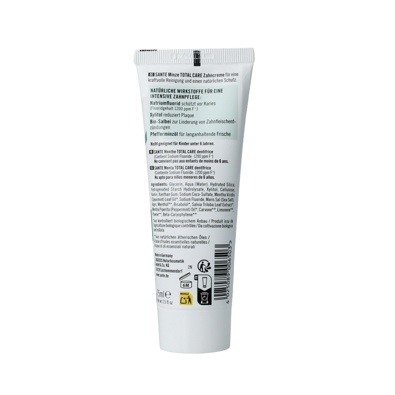 Sante Mint Total Care toothpaste tube, 75ml, with fresh mint flavor and whitening and cavity protection features.