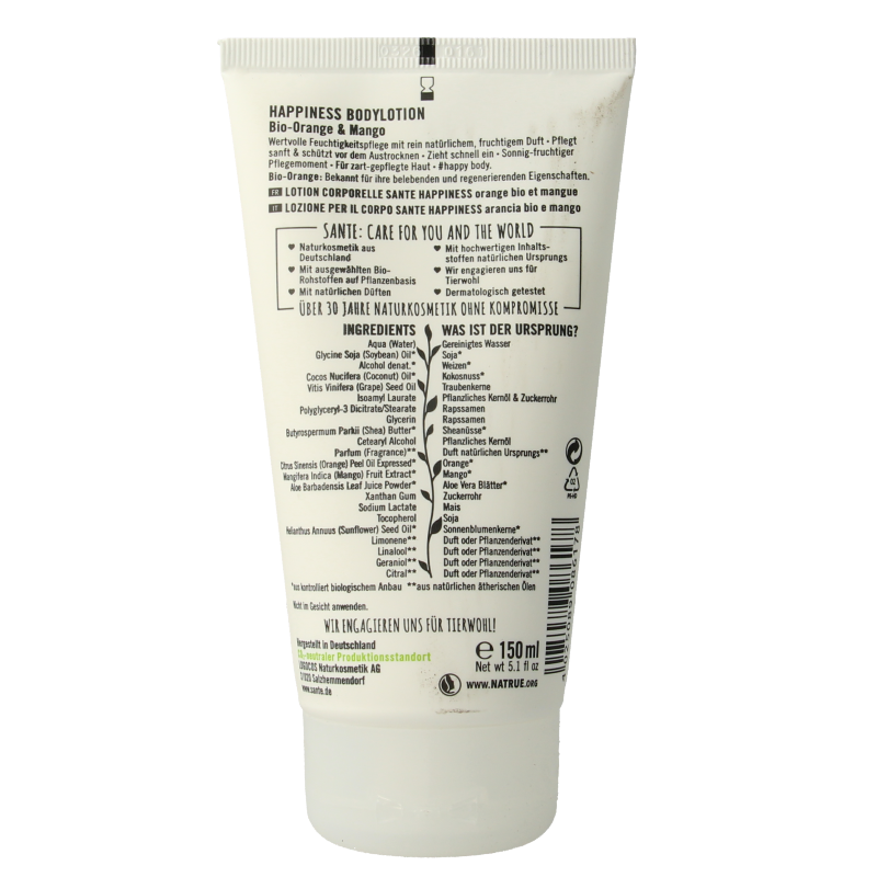 Sante Happiness bodylotion 150ml bottle, creamy skincare product for body care, with natural ingredients and soothing scent.