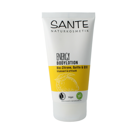 Sante Energy body lotion in 150ml bottle, featuring colorful packaging and smooth texture for nourishing body skincare.
