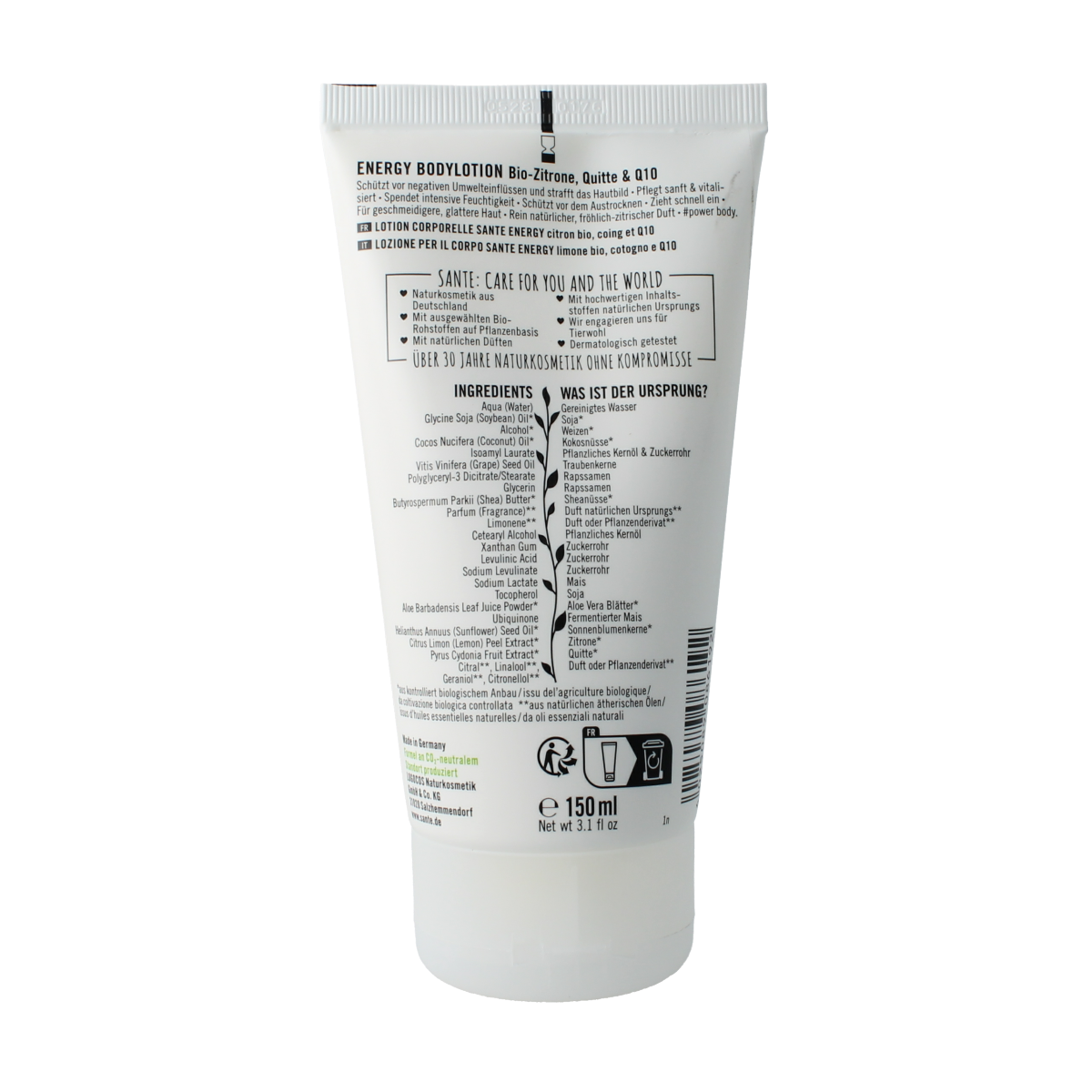 Sante Energy Body Lotion 150ml bottle with sleek packaging, designed for nourishing and energizing body skincare.