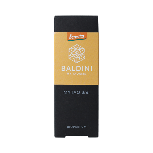 Baldini Mytao parfum drie bio demeter bottle, 15ml, featuring a sleek design with natural and organic fragrance branding.