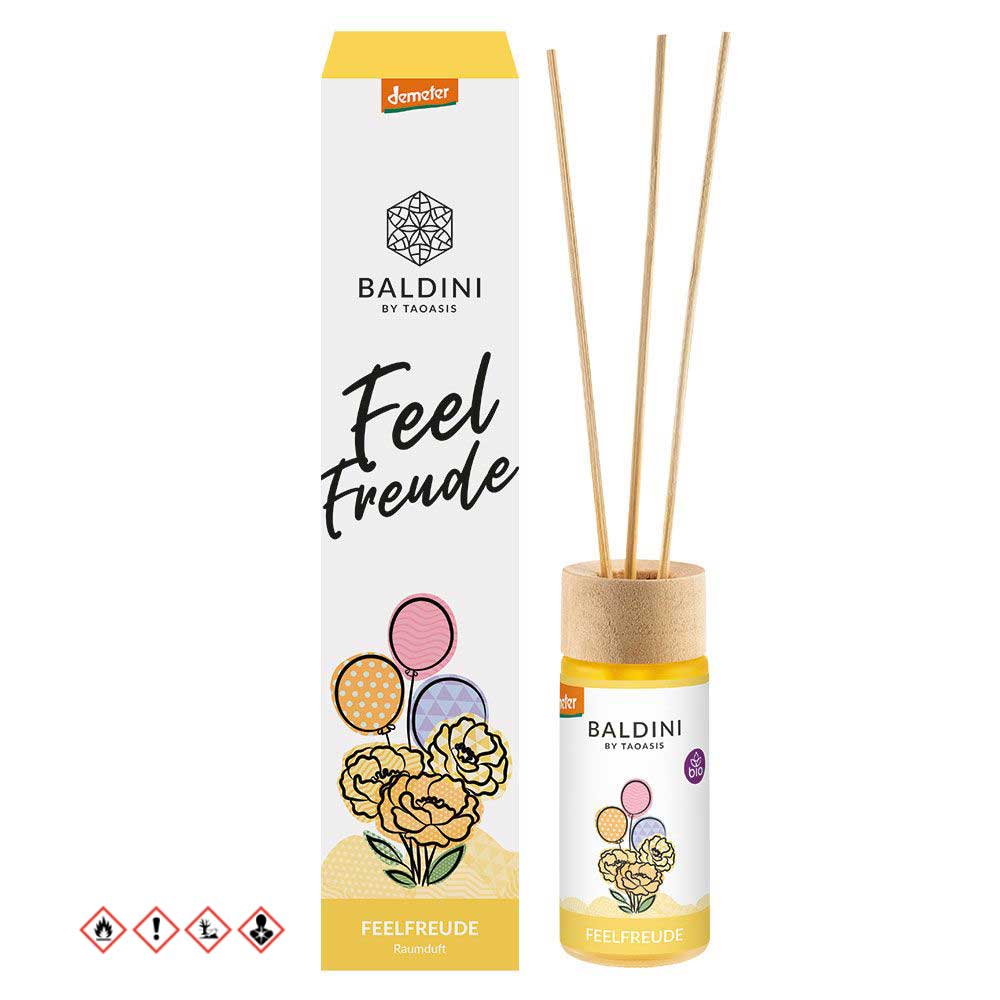 Baldini Geurstokjes Feelfreude bio Demeter scent diffuser with 50ml bottle, natural reed sticks for aromatic home decoration