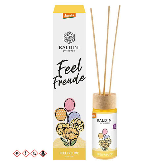 Baldini Geurstokjes Feelfreude bio Demeter scent diffuser with 50ml bottle, natural reed sticks for aromatic home decoration