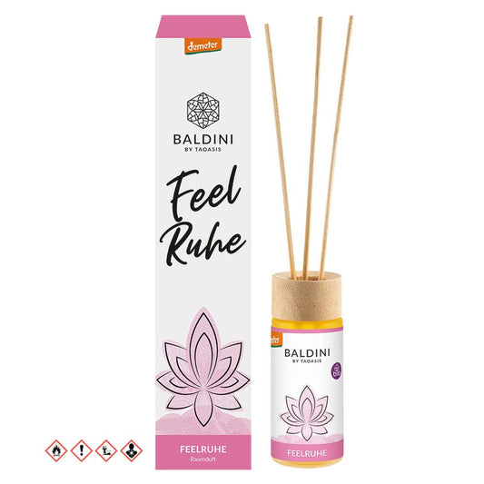 Baldini Geurstokjes feelruhe bio demeter scent diffuser with 50ml of natural fragrance liquid and decorative reed sticks.
