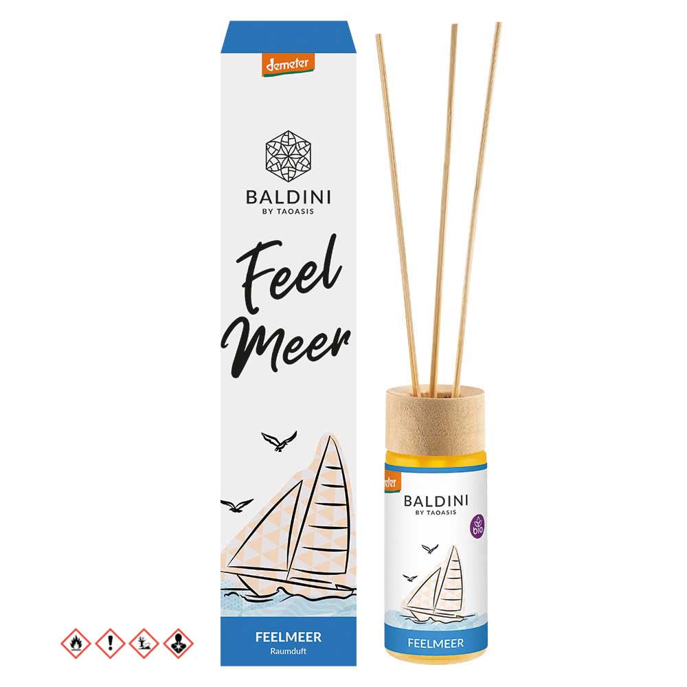 Baldini Geurstokjes feelmeer bio demeter scent diffuser with 50ml of fragrance oil, featuring natural reed sticks for home aroma.