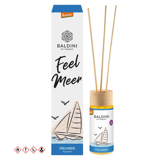 Baldini Geurstokjes feelmeer bio demeter scent diffuser with 50ml of fragrance oil, featuring natural reed sticks for home aroma.