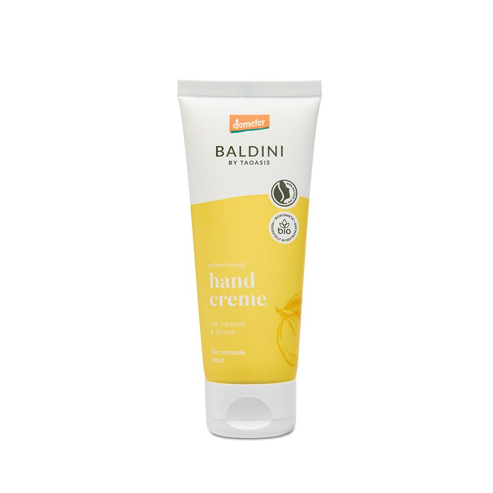 Baldini citrus hand cream in 75ml tube, moisturizing hand care product with fresh citrus scent, designed for soft, nourished hands.
