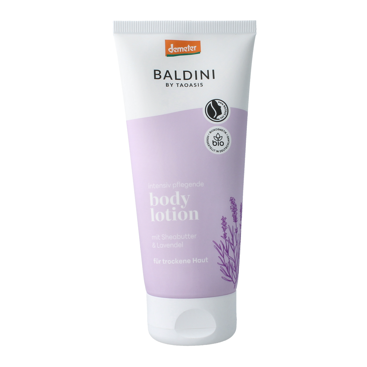 Baldini lavender body lotion in 200ml bottle, moisturizing body care with calming lavender scent, Demeter brand product.
