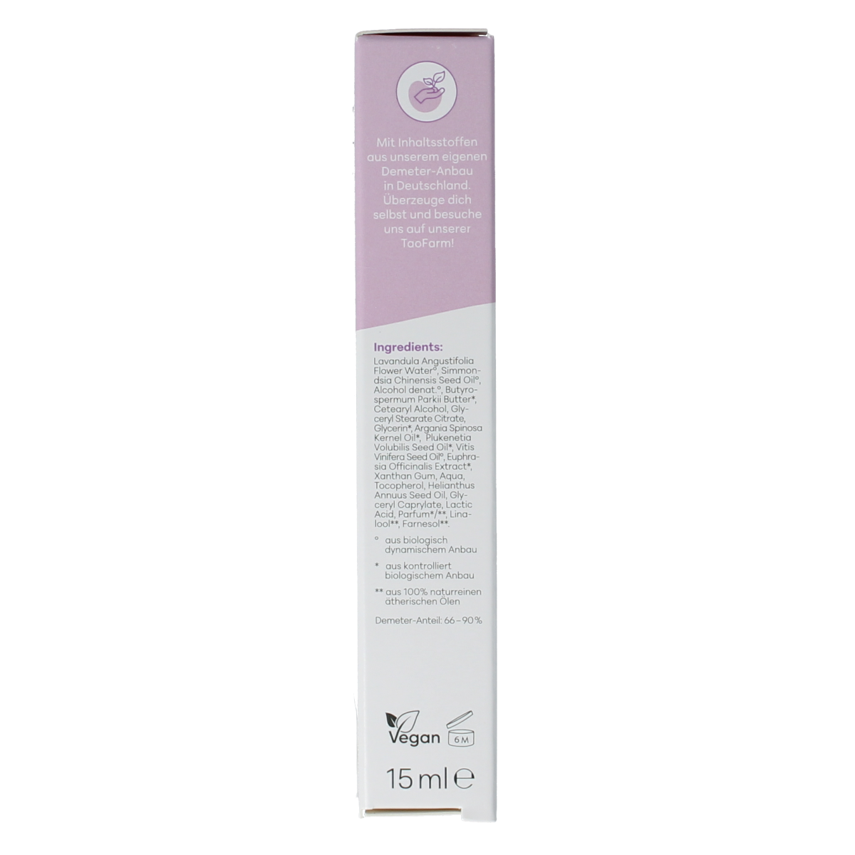 Baldini lavendel regenererende oogcrème for delicate skin, 15ml, Demeter certified, in a white tube with lavender accents.