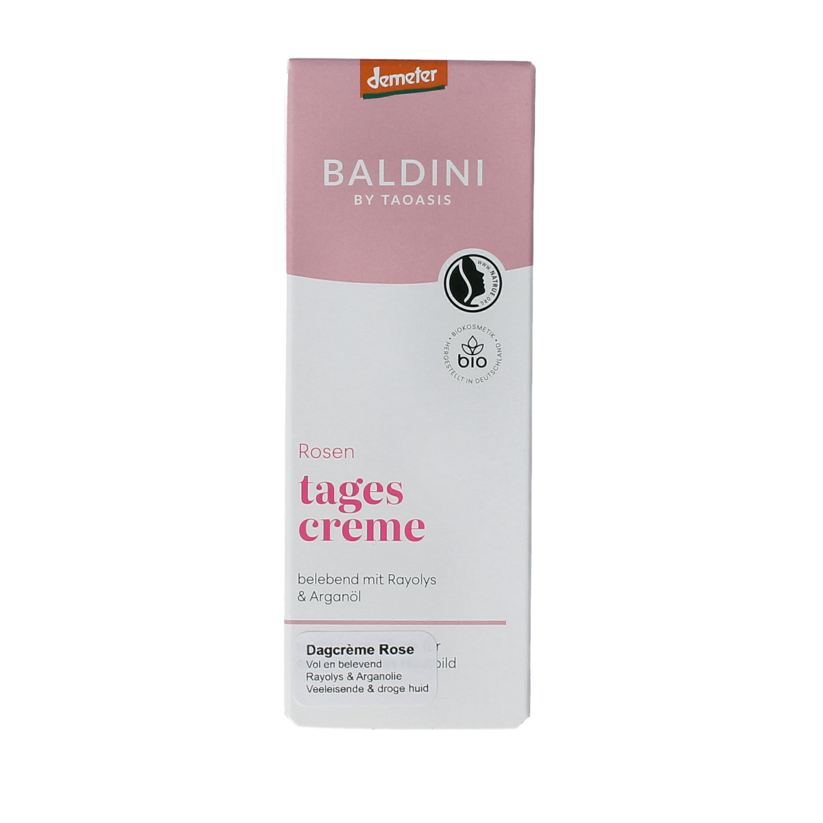 Baldini Dagcreme rijk rose Demeter facial moisturizer in 50ml jar, nourishing face cream with rose scent.