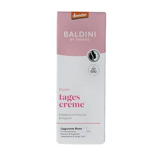 Baldini Dagcreme rijk rose Demeter facial moisturizer in 50ml jar, nourishing face cream with rose scent.