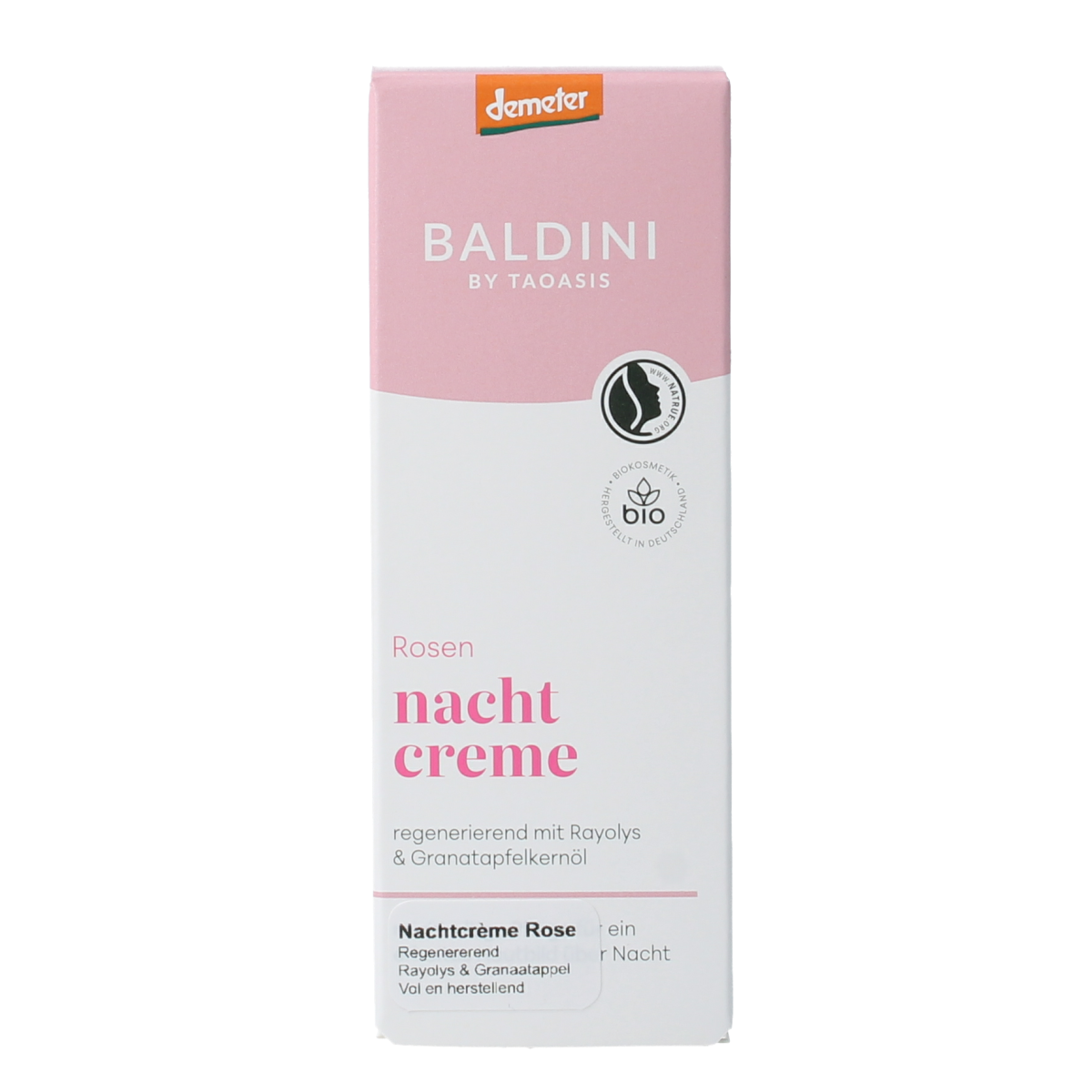 Baldini Nachtcreme rijk rose Demeter gezichtverzorging jar with pink rose design and product label, 50 ml.