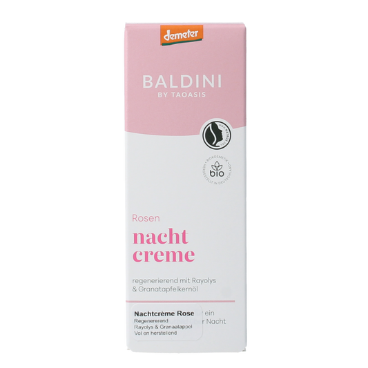 Baldini Nachtcreme rijk rose Demeter gezichtverzorging jar with pink rose design and product label, 50 ml.