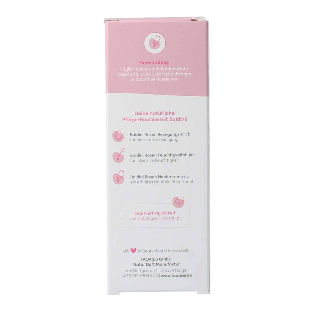 Baldini Nachtcreme Rijk Rose Demeter facial skincare jar with pink rose design, 50ml, for nourishing overnight skin treatment.