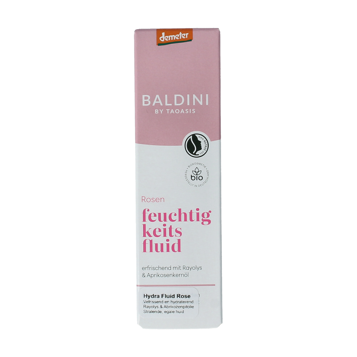 Baldini Fluid Hydraterend Rose Bio Demeter facial skincare bottle, 30ml, with rose extract and natural ingredients.