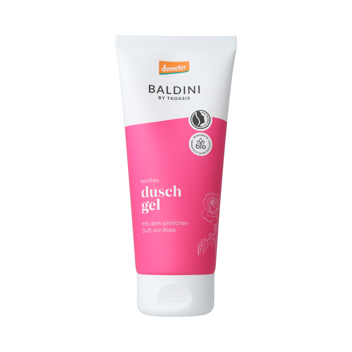 Baldini Rose Bio Demeter douchegel in 200ml bottle, natural body care with floral rose scent