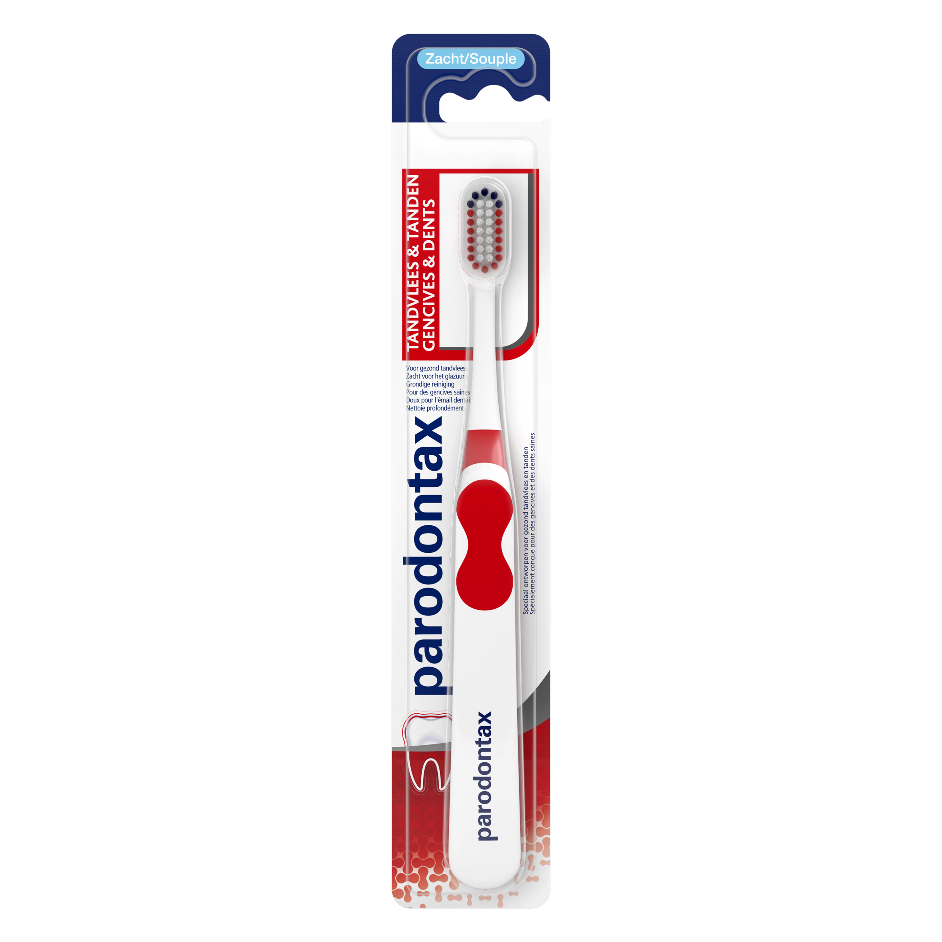 Soft Parodontax toothbrush with white handle and bristles, designed for gentle and effective dental cleaning.