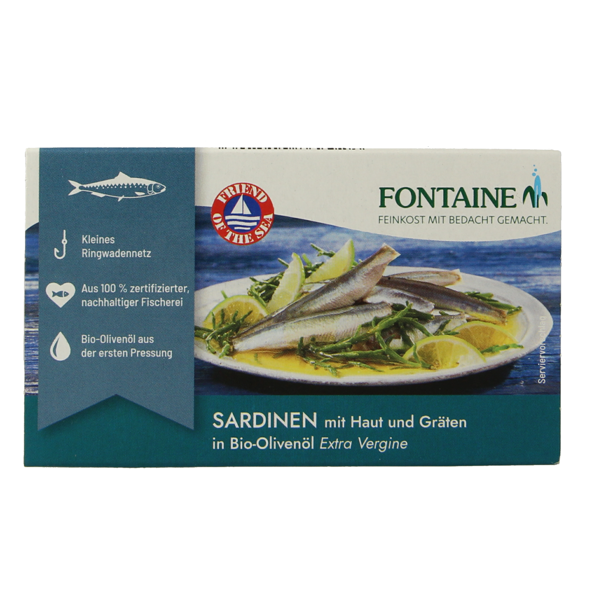 Canned Fontaine sardines with skin and bones in 120g tin, ideal for seafood dishes and healthy protein options.