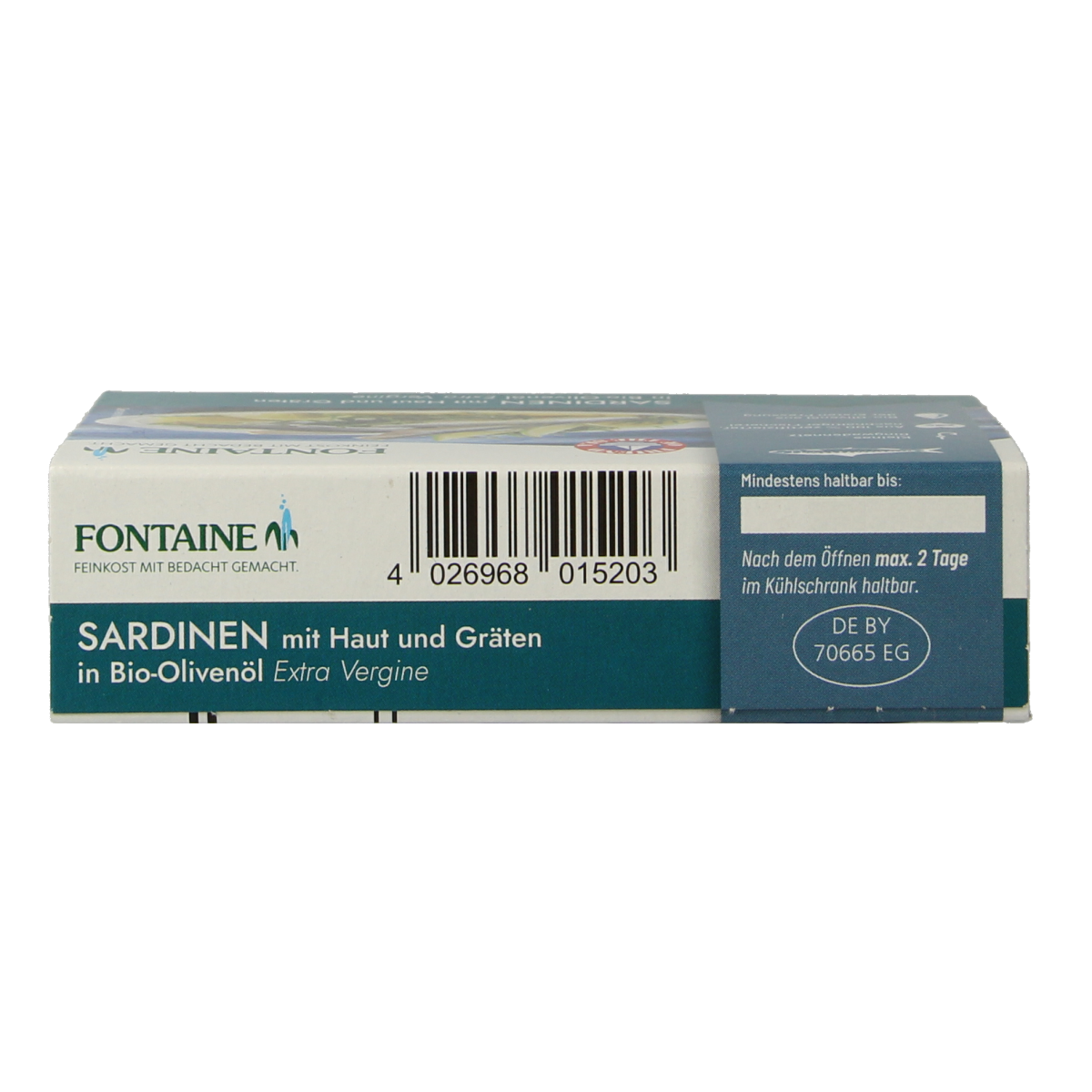 Canned Fontaine sardines with skin and bones in 120g tin, ready to eat, packed in oil or natural juices.