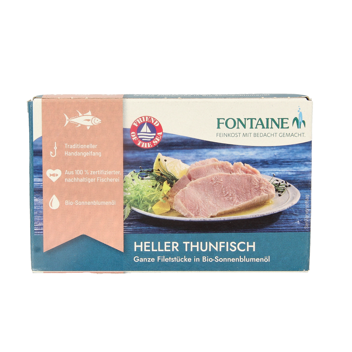 Canned Fontaine tonijn in water, 120g, with label showing product details and brand logo.
