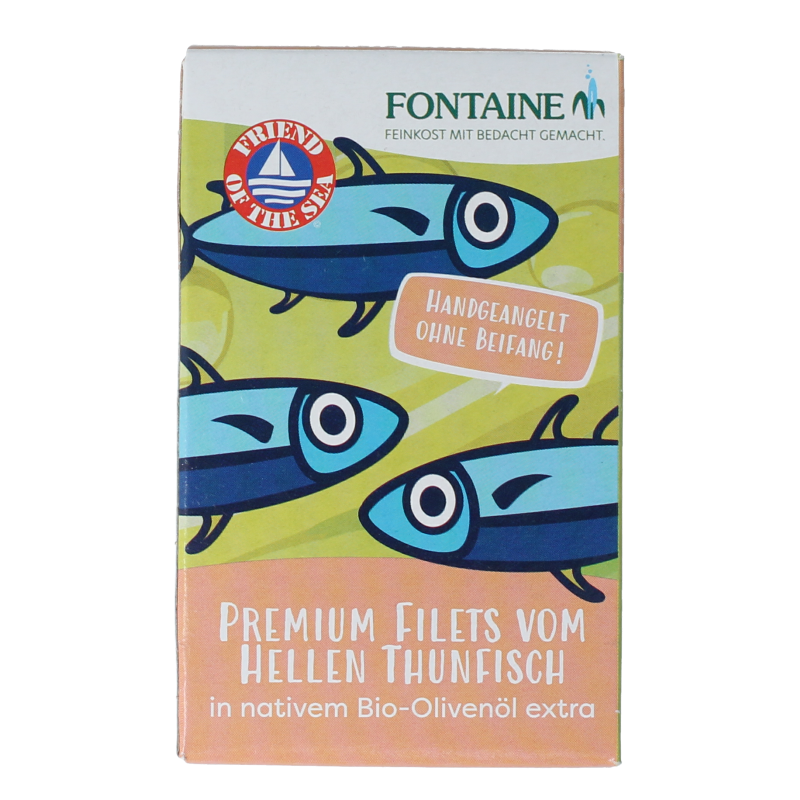 Canned Fontaine tuna fillet in organic olive oil, 120 grams, showing the label and open can with tuna inside.
