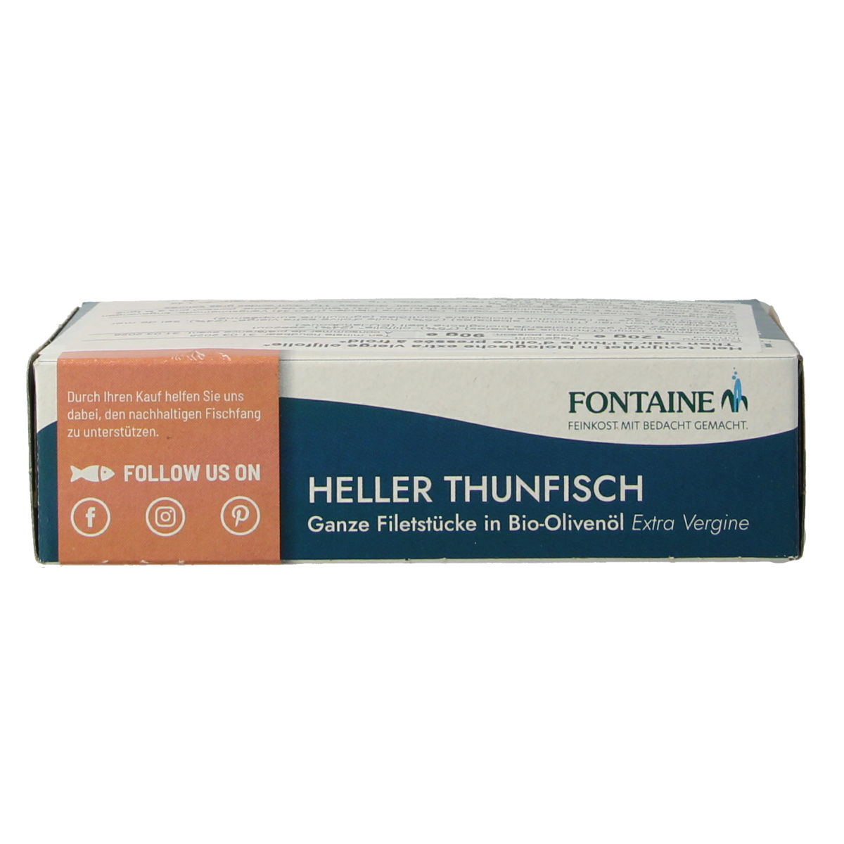 Canned Fontaine tuna fillet in olive oil, bio, 120g, showcasing the open can with tuna in olive oil.