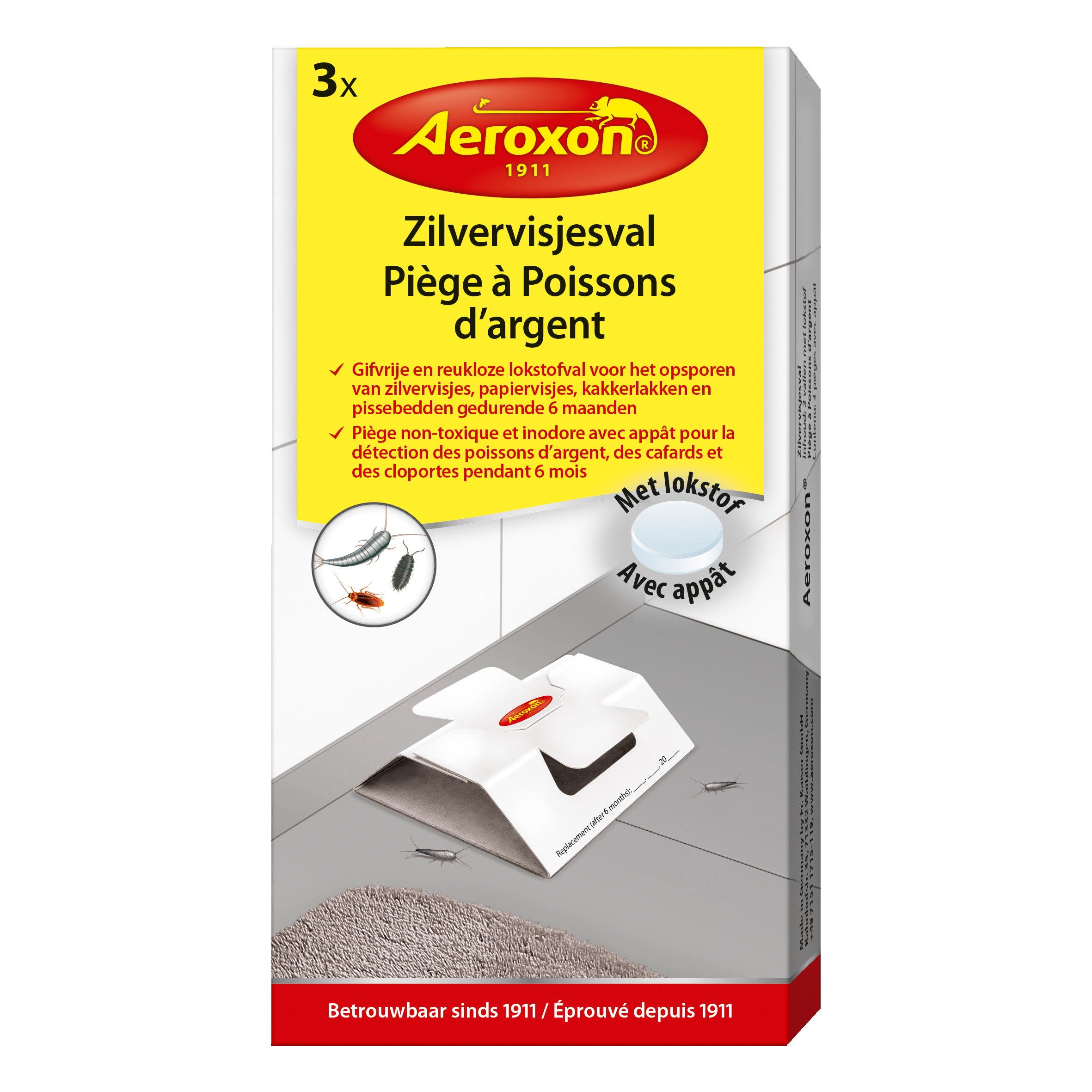Aeroxon Zilvervisjesval insect trap with silver color, designed for home and comfort, showing the trap and packaging.