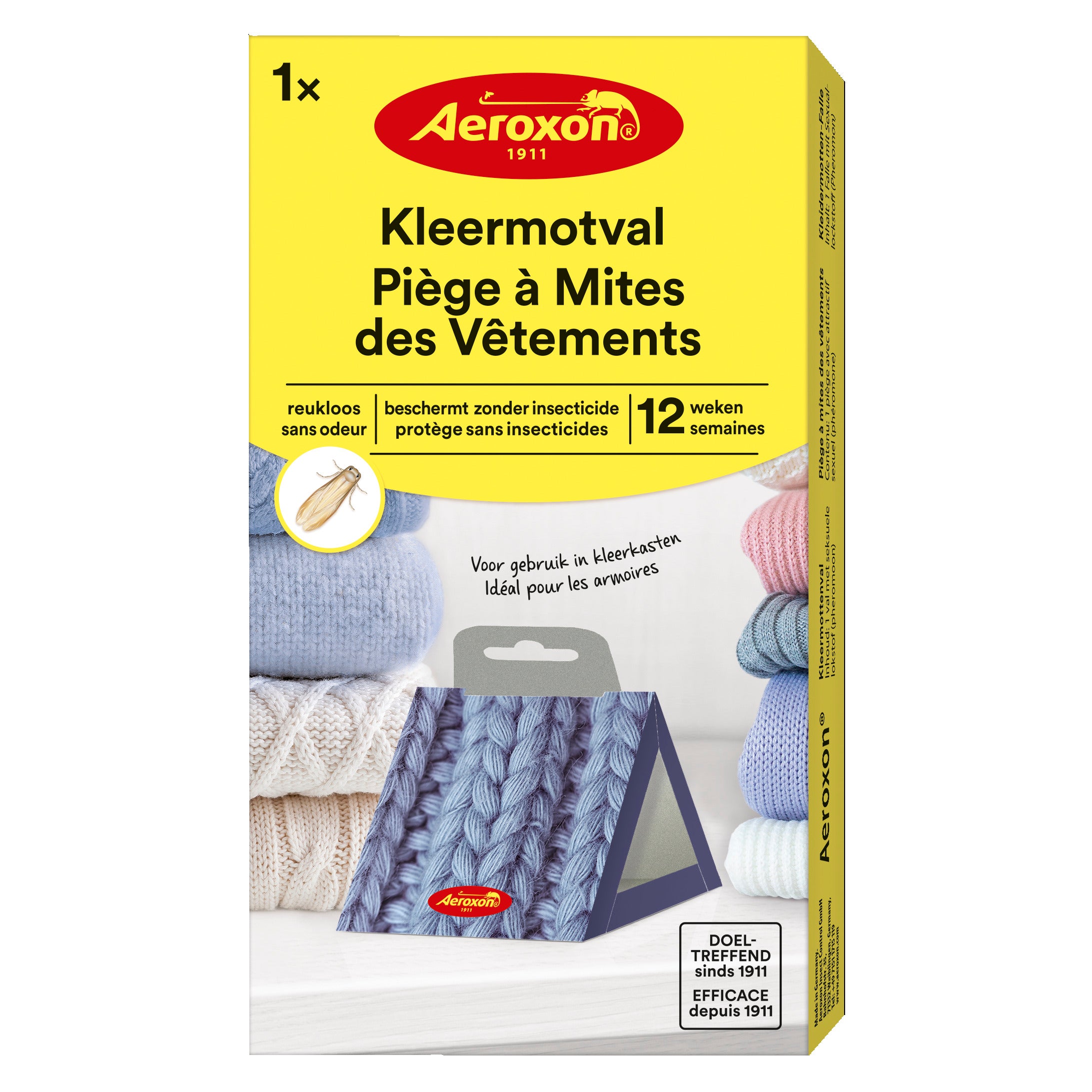 Aeroxon Kleermottenval for home and comfort, showing a close-up of the trap designed to catch moths in the living space.