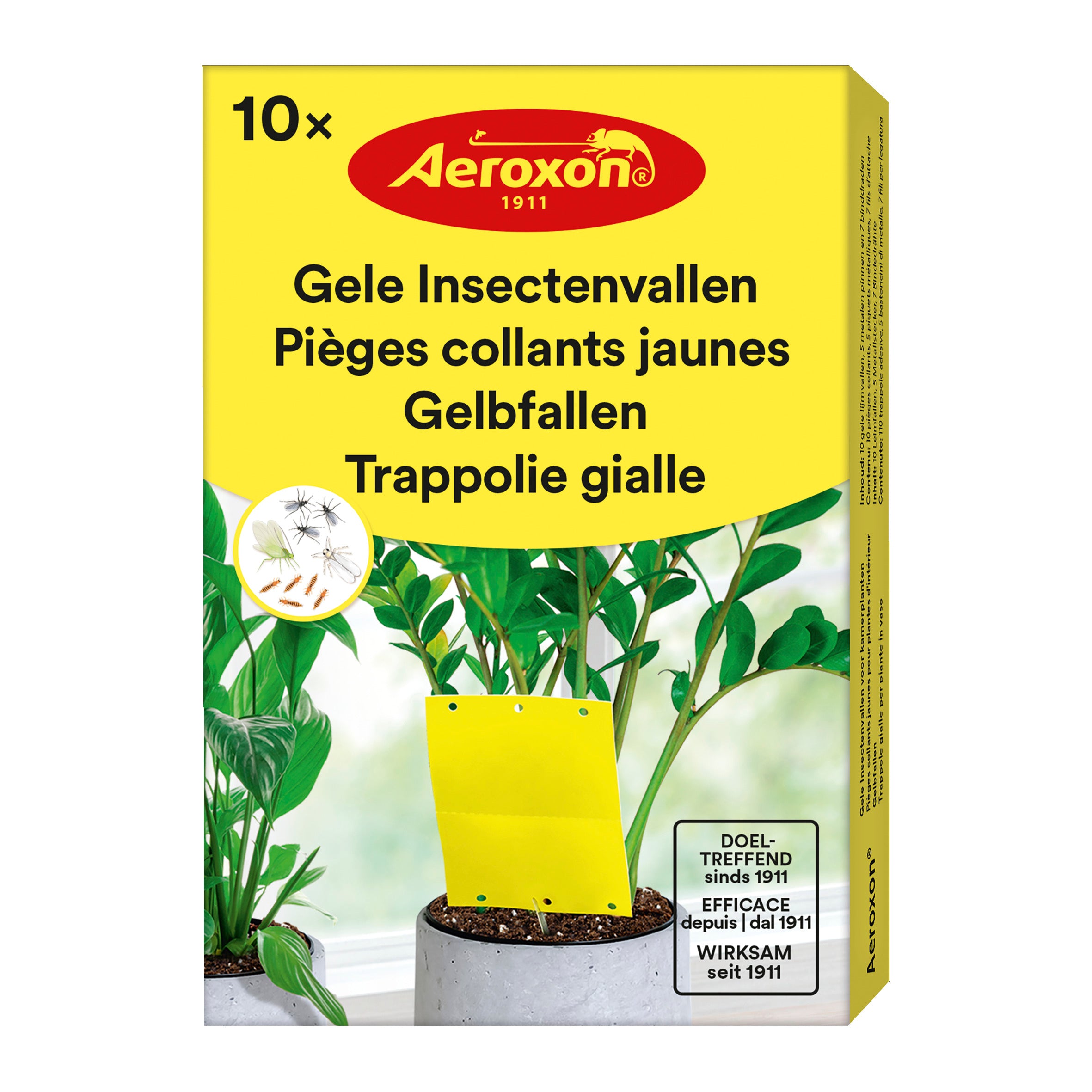 BSI Gele insectenvallen for home and comfort, showing 10 yellow insect traps in a close-up image with packaging.