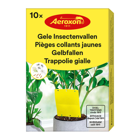 BSI Gele insectenvallen for home and comfort, showing 10 yellow insect traps in a close-up image with packaging.