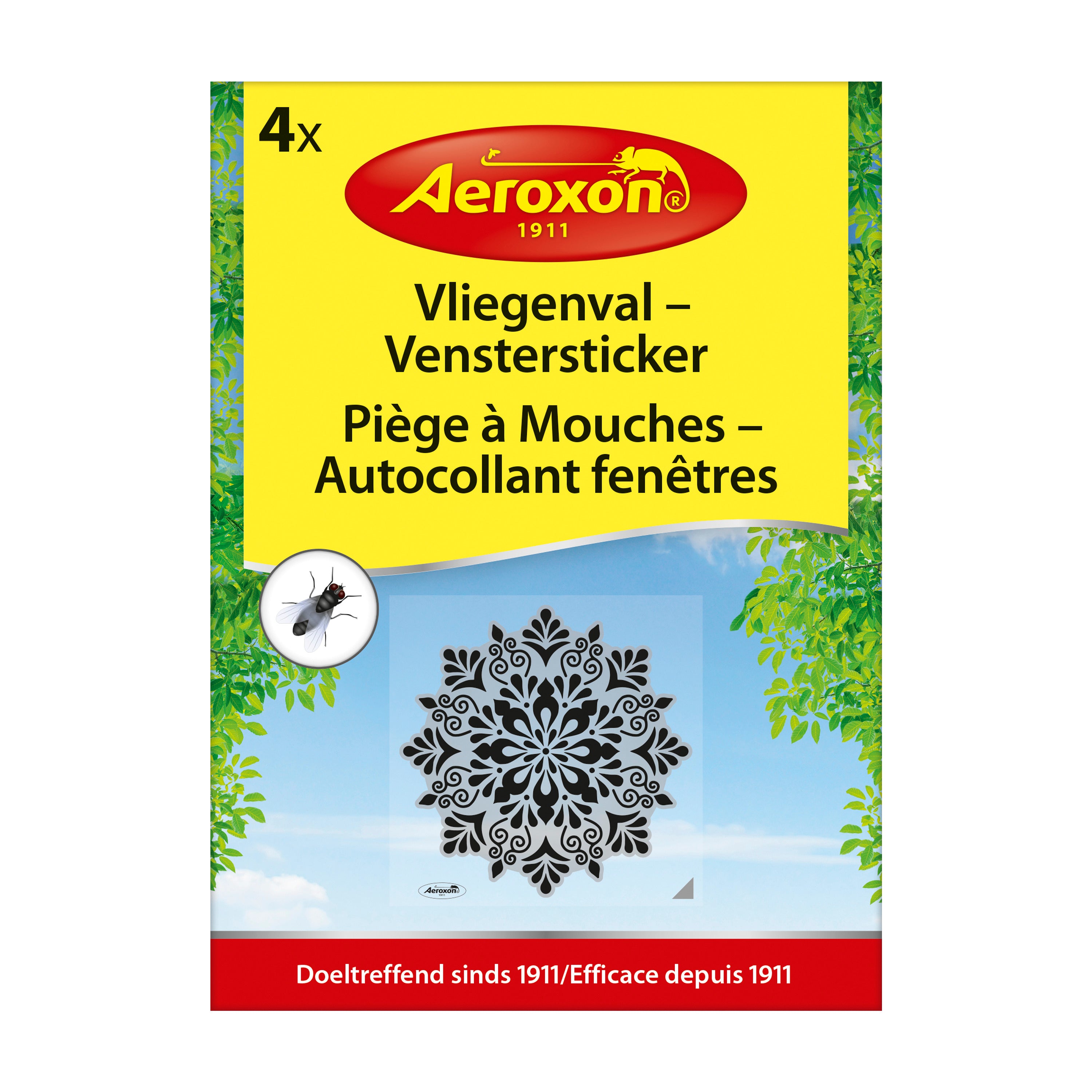 Aeroxon Vliegenval window stickers for home and comfort, set of 4, visible on a window to prevent flies.