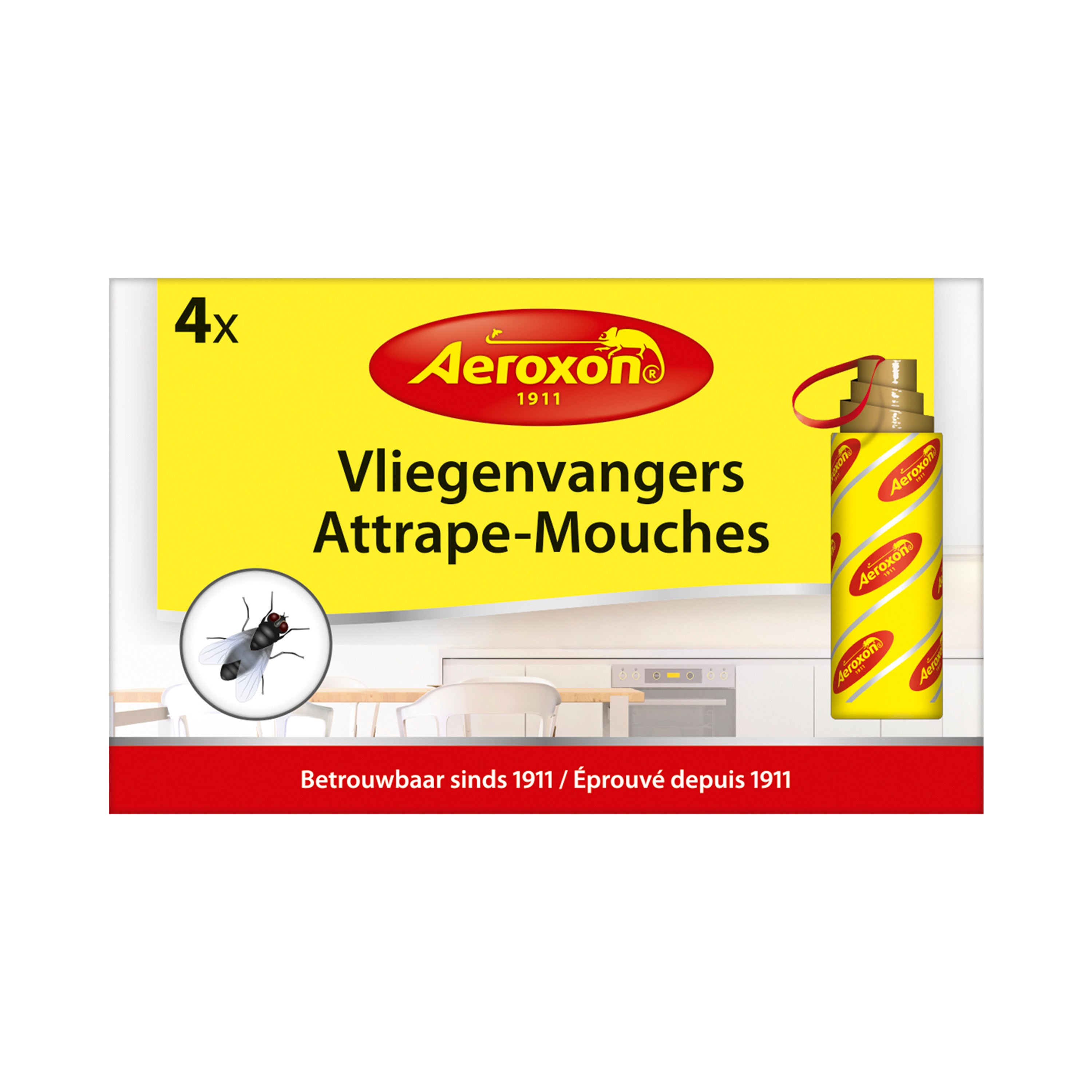 Aeroxon Vliegenvangers insect traps in a box of four, designed to attract and catch flies for home comfort and pest control.