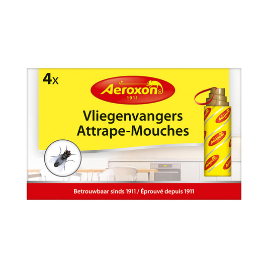 Aeroxon Vliegenvangers insect traps in a box of four, designed to attract and catch flies for home comfort and pest control.