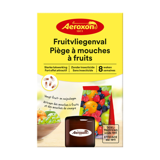 Aeroxon Fruitvliegenval 40ml insect trap for fruit flies, designed for home and comfort use, in a clear container.