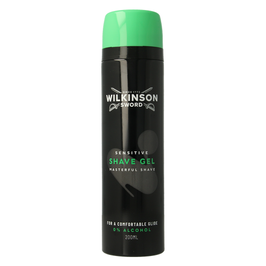 Wilkinson Sensitive Shave Gel in 200ml tube, ideal for gentle shaving and skin comfort with Wilkinson brand.