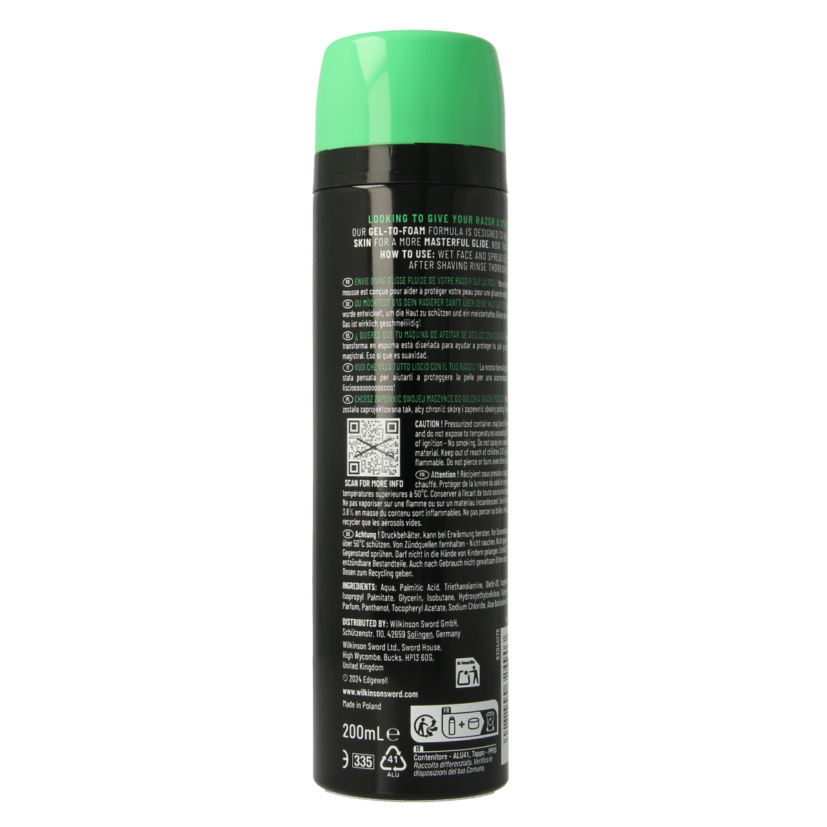 Wilkinson Sensitive Shave Gel in 200ml tube, suitable for shaving and skin comfort, shown in a close-up image.
