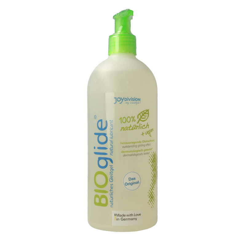 Bioglide vegan neutral lubricant bottle, 500ml, with clear label showing product details and branding.
