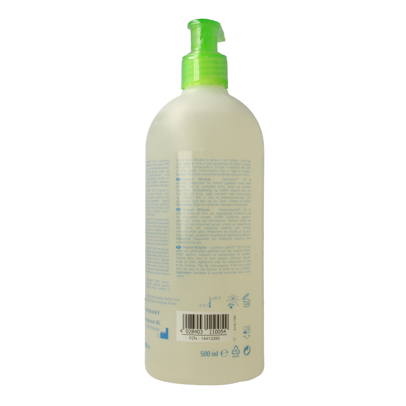Bioglide vegan neutral lubricant bottle, 500ml, with clear label showing product details and branding.