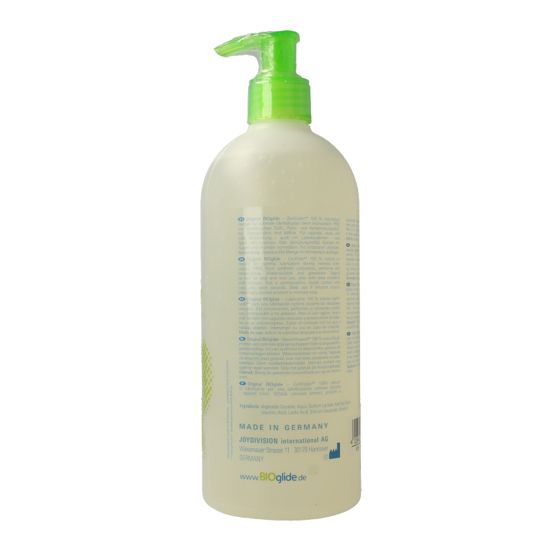 Bioglide vegan neutral lubricant bottle, 500ml, with clear label showing product details and branding.