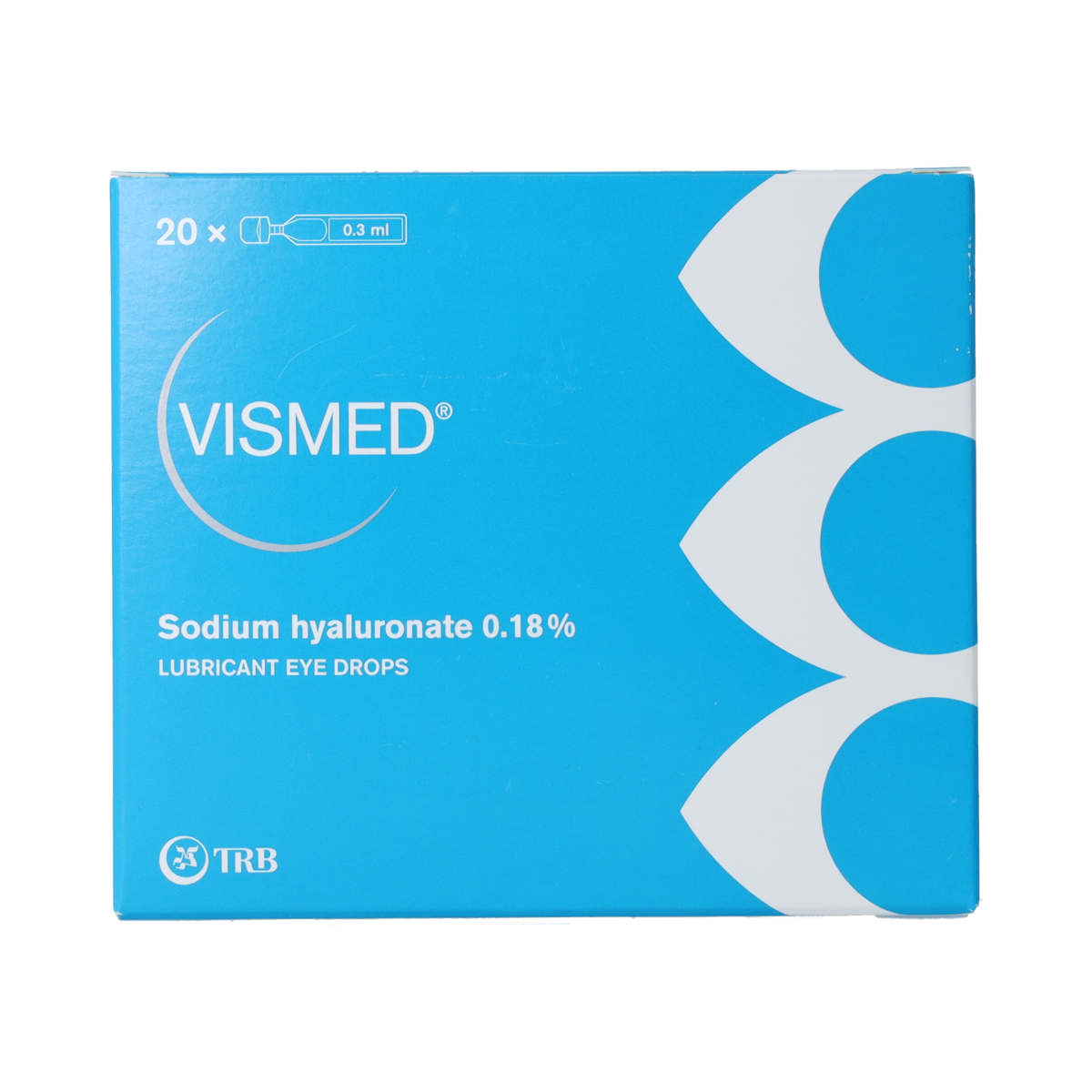 Vismed oogverzorging oogdruppels medium 0.18% in verpakking van 20 stuks, close-up van de oogdruppelfles en label